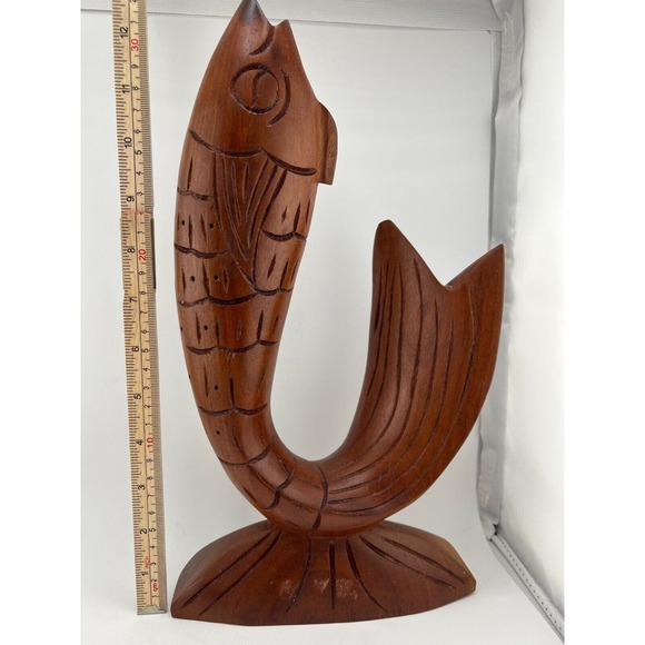 Vintage Hand Carved Brown Wooden Home‎ Decorative Fish Sculpture Animal Figurine - Picture 7 of 10